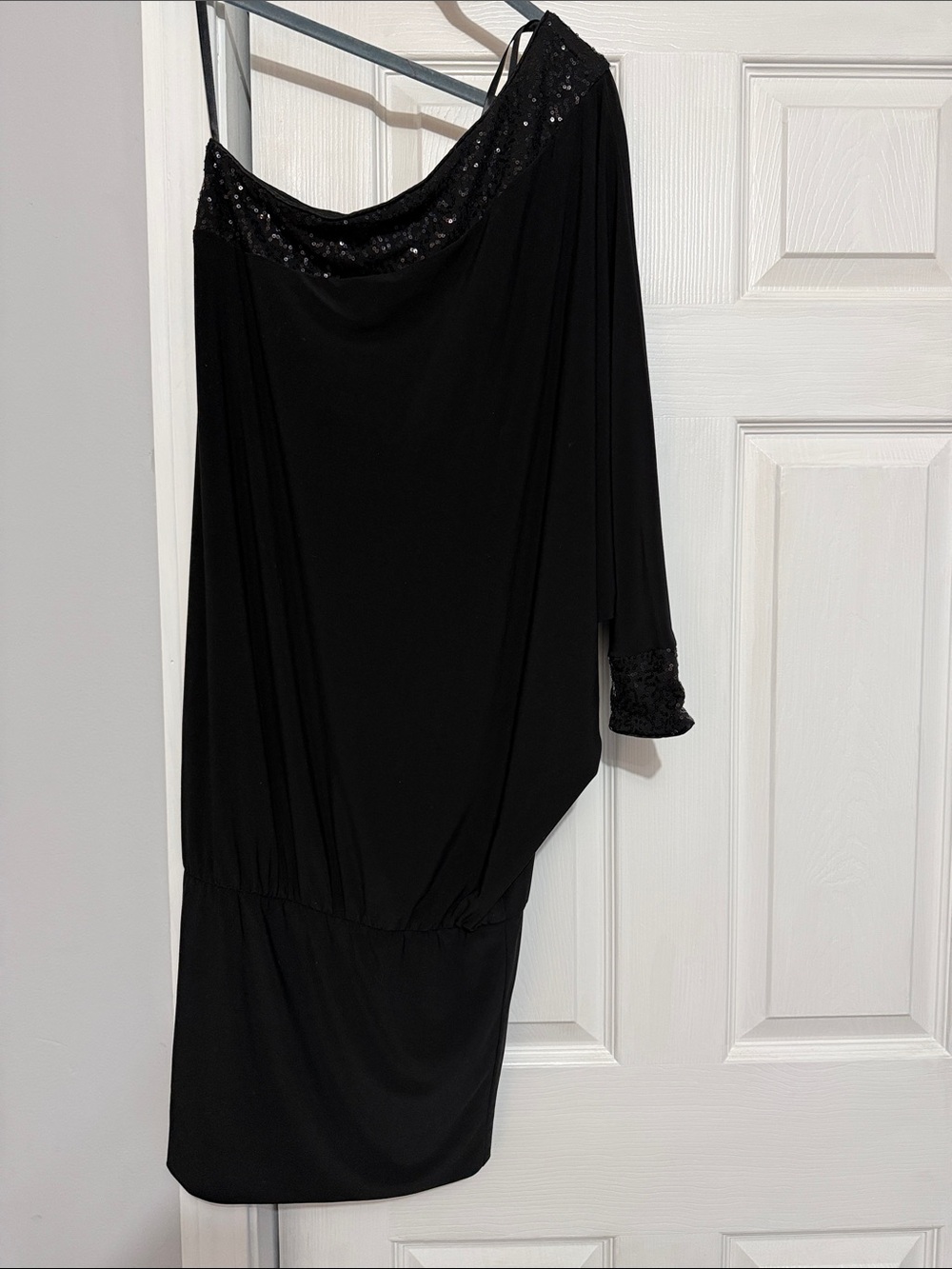 B. Smart Black One-Shoulder Sequin Trim Dress